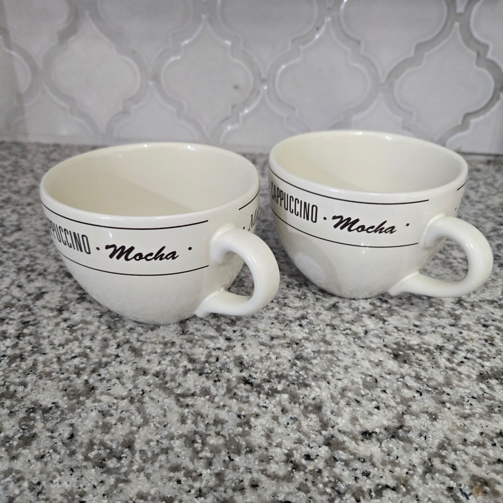 Vintage Eddie Bauer Home Typography Bistro Mugs Set 2 Cappuccino Mocha Black